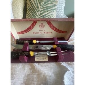 VTG B THOMAS & CO SHEFFIELD ENGLAND BAKELITE & STAINLESS STEEL‎ 3 PC CARVING SET